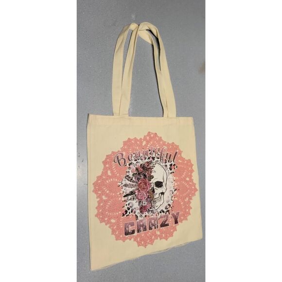 Repurposed Halloween/Fall tote bag. Lace, pumpkins & sugar skull. - Picture 1 of 5